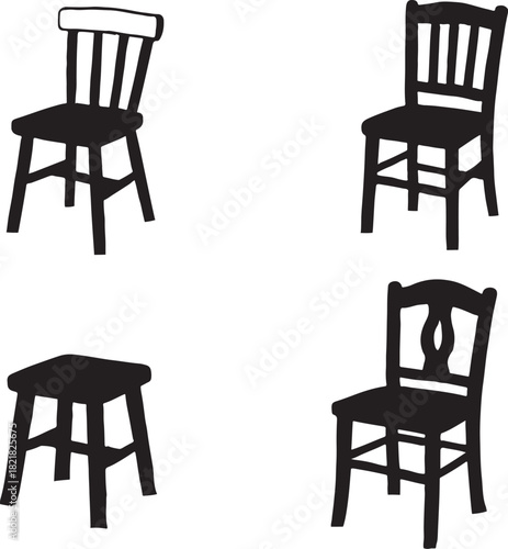 Rustic wooden chair and stool silhouette vector