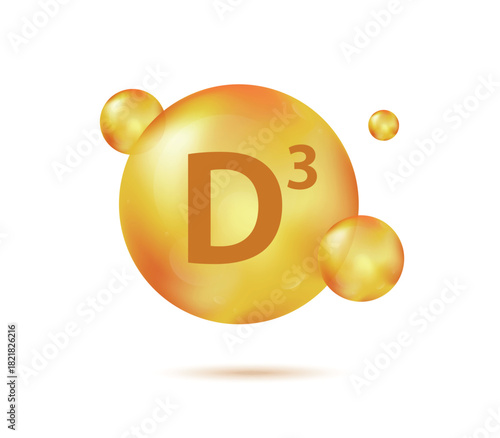Vitamin D3 gold capsule. Pill capcule vector illustration isolated on white background. Nutrition skin care. Beauty and health vector concept. Cholecalciferol vitamin drop pill capsule.
