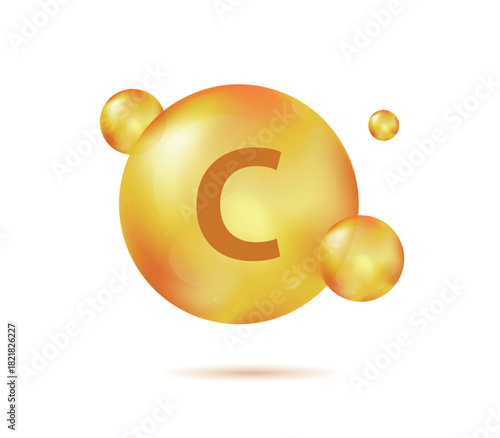 Vitamin C gold capsule. Pill capcule vector illustration isolated on white background. Nutrition skin care. Beauty and health vector concept. Ascorbic acid vitamin drop pill capsule.