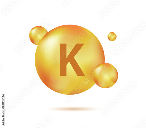 Vitamin K gold capsule. Pill capcule vector illustration isolated on white background. Nutrition skin care. Beauty and health vector concept. Antihemorrhagics vitamin drop pill capsule.