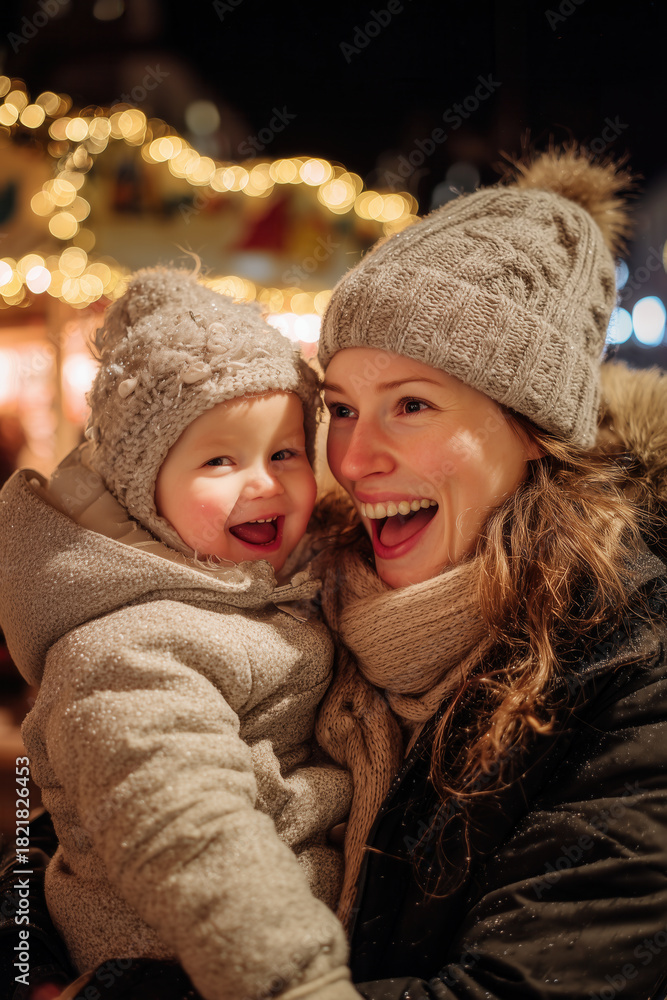 Obraz premium Laughing mother holds her smiling child in winter clothes under glowing Christmas lights and falling snow. Family joy, warmth, and bonding during the holiday season.
