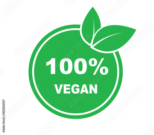 Vegan stamp icon vector logo template. Vegan, no meat, lactose free, healthy, fresh and nonviolent food. Round green vector illustration with leaves for stickers, labels and logos