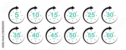 Timer, clock, stopwatch isolated set icons with different time. Countdown timer symbol icon set. Minute timer icons set. Countdown5,10,15,20,25,30,35,40,45,50,55, minutes