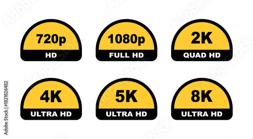 Video dimension labels. Video resolution 720, 1080, 2k, 4k,5k, 8k badges. Quality element. Badges quality. Vector illustration
