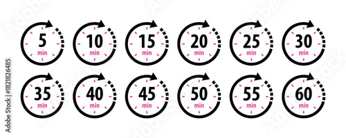 Timer, clock, stopwatch isolated set icons with different time. Countdown timer symbol icon set. Minute timer icons set. Countdown5,10,15,20,25,30,35,40,45,50,55, minutes