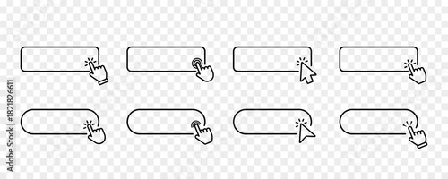 Click here button with hand or mouse cursor. Click blank button with hand pointer clicking icon. Click button. Computer mouse cursor or hand pointer symbol. Set for button website design