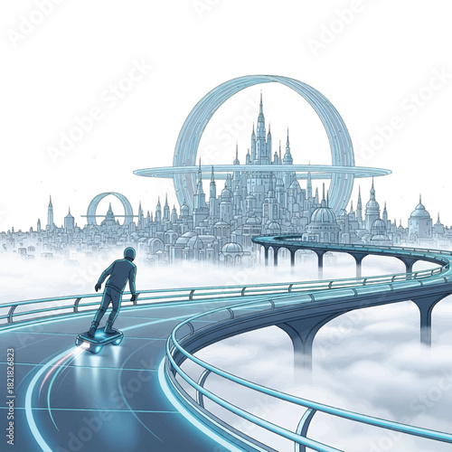 A futuristic city rises above mist, with spiraling rings, elevated roads, and a lone rider gliding!!