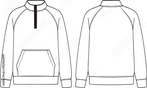 Technical flat sketch of quarter zip pullover sweatshirt front and back view