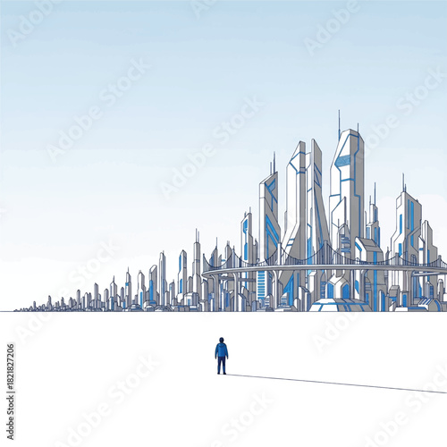 A futuristic city skyline of angular, glowing towers and elevated tracks, with a lone figure. alone