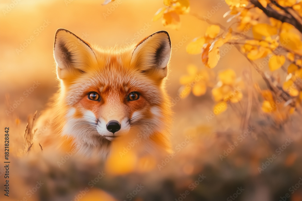 Fototapeta premium Fox in a vibrant autumn landscape with golden leaves