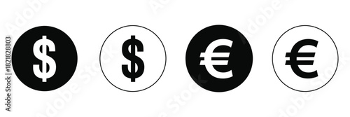 dollar and euro currency icon set with bold monochrome currency marks, created for business branding, accounting materials, global finance visuals,
