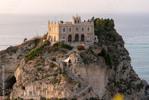 Iconic Santa Maria dell'Isola Sanctuary Perched on Cliff, Tropea, Calabria, Italy