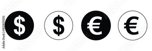 dollar and euro currency icon set featuring clean black and white money symbols, designed in minimalist flat style for financial graphics,
