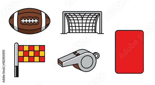 A set of assorted sports equipment icons for soccer and american football, including a goal, whistle, referee flag, and red card
