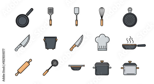 A diverse collection of flat design cooking icons and kitchen utensil symbols, perfect for culinary websites, restaurant menus, or food-related graphic design projects