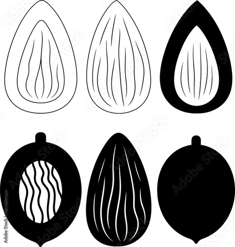 Almond Nut Silhouette Icon Set Food Ingredient