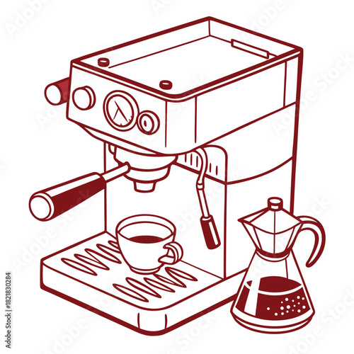 Espresso Machine and Moka Pot Illustration with Coffee Cup.