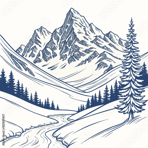 Majestic mountain range with snowcovered peaks and evergreen trees.