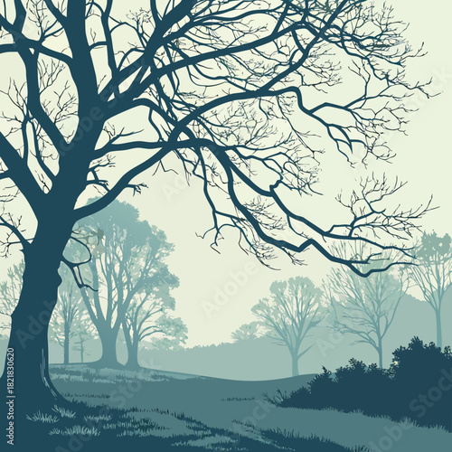 Silhouette of a Bare Tree in Winter Landscape.