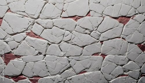 Cracked white stone wall texture background with random pattern and red cracks