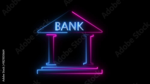 Neon glowing bank building icon animation on black background Futuristic neon bank building,Neon line personal savings bank account money doodle animation concept with ,4k video black background,
