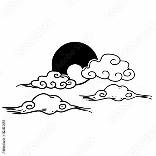 Stylized Clouds and Sun Illustration in Black and White.