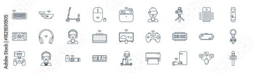 linear gadgets icon pack. vector thin line icons collection such as smartwatch, cctv, kick scooter, air purifier, speaker, voice recorder, kick scooter, microphone