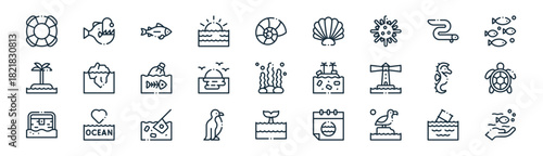 linear world oceans day icon pack. vector thin line icons collection such as oil spill, anglerfish, fish, eel, sun, turtle, ocean, sea life