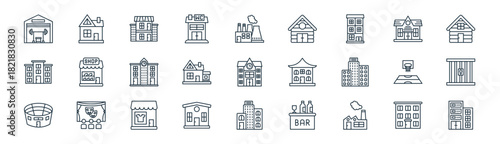 linear buildings icon pack. vector thin line icons collection such as building, cottage, mansion, villa, cottage, prison, building, data center