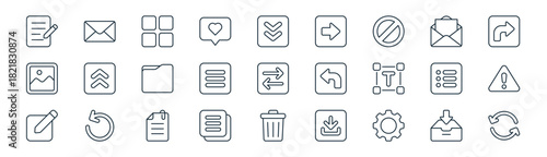 linear ui icon pack. vector thin line icons collection such as drawer, email, grid, open email, menu, warning, delete, circle