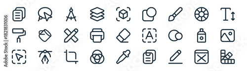 linear graphic design icon pack. vector thin line icons collection such as wireframe, lasso, compass, color wheel, printer, image, color picker, pallete