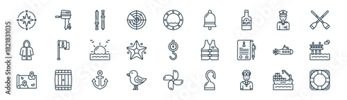 linear sailor icon pack. vector thin line icons collection such as cargo ship, boat engine, swords, captain, starfish, pier, propeller, lifebouy