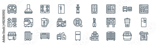 linear technique icon pack. vector thin line icons collection such as multicooker, hood, stove, stove, map, refrigerator, refrigerator, packing hine
