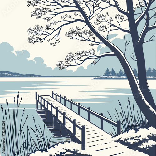 Winter Serenity A Lakeside Pier Scene in Minimalist Style.