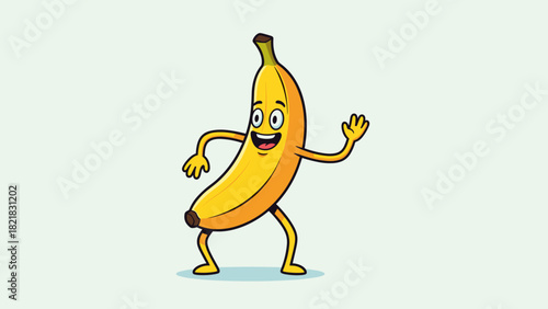 Cartoon banana character with happy expression waving and smiling on white background