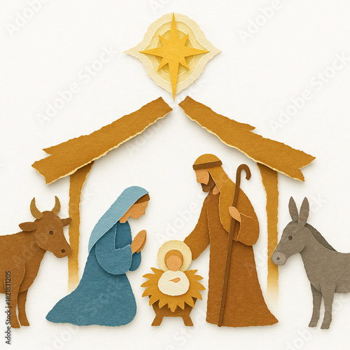 Artistic nativity scene torn vector Mary Joseph Jesus ox donkey star stable white background illustration