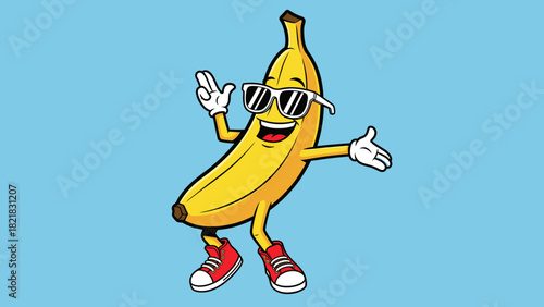 Cartoon banana wearing sunglasses posing on blue background