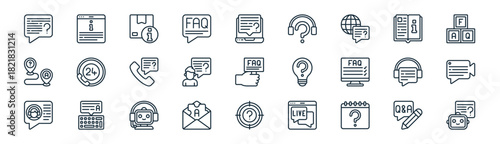 linear faq icon pack. vector thin line icons collection such as speech bubble, faq, parcel, information, questions, video chat, target, chatbot