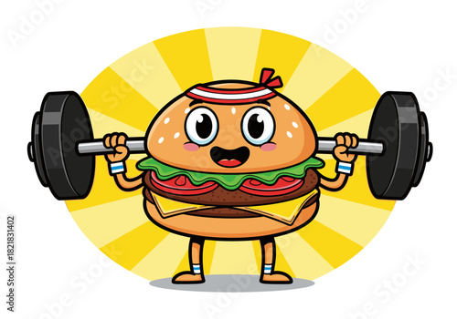 Cartoon burger character lifting weights training fitness concept