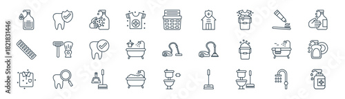 linear hygiene icon pack. vector thin line icons collection such as shower, healthy tooth, hand wash, tooth brush, bathtub, liquid soap, toilet, liquid soap