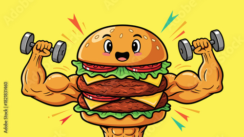 Cartoon burger character lifting weights healthy eating and fitness concept