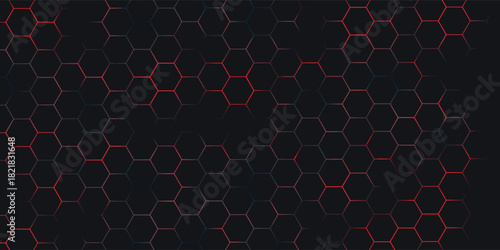 Abstract dark hexagon pattern on red neon background technology style. Modern futuristic geometric shape web banner design. You can use for cover template, poster, flyer, print ad. Vector illustration