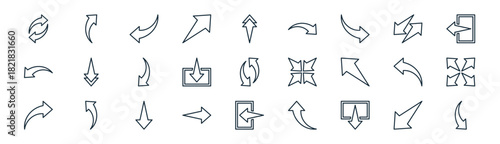 linear arrows icon pack. vector thin line icons collection such as down left arrow, curved arrow, left arrow, diagonal arrows, down arrows, left curved