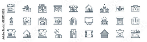 linear buildings icon pack. vector thin line icons collection such as bank, castle, motel, gas station, house, hospital, fire station, modern house