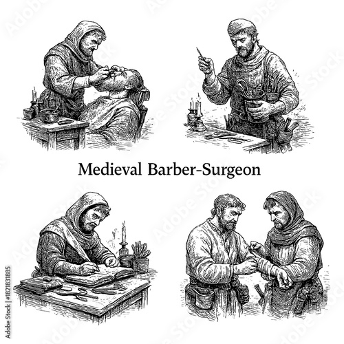 Medieval Barber-Surgeon Performing Medical Procedures, Vintage Engraved Style, Transparent Background