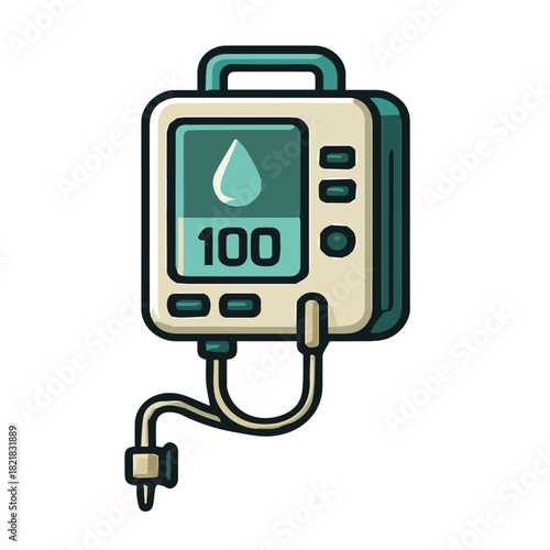 A digital IV pump machine connected to a fluid bag for controlled infusion, good for medical and hospital il;ustration