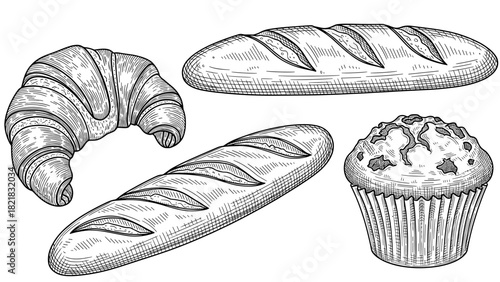 Artistic illustration of bread croissant and muffin in vintage style