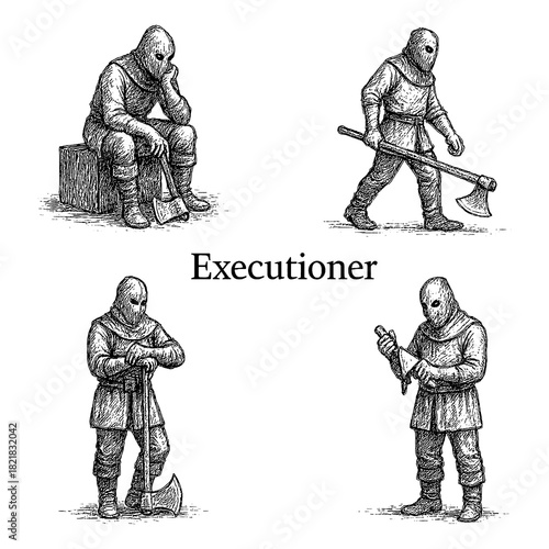 Medieval Executioner in Multiple Poses with Axe, Vintage Engraved Style, Transparent Background
