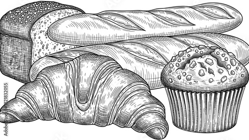 Artistic illustration of baked goods bread croissant muffin baguette