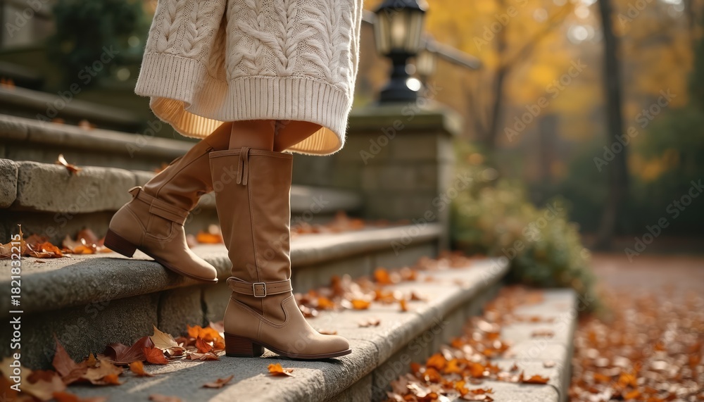 Obraz premium Woman wears cozy knit sweater, stylish tan boots. Walks down stone steps. Bright red orange autumn leaves cover ground. Beautiful fall day. Enjoys cool weather, comfortable fashion outfit, peaceful